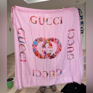 Gucci Pink Floral GG Logo Oversized Scarf Shawl Wrap